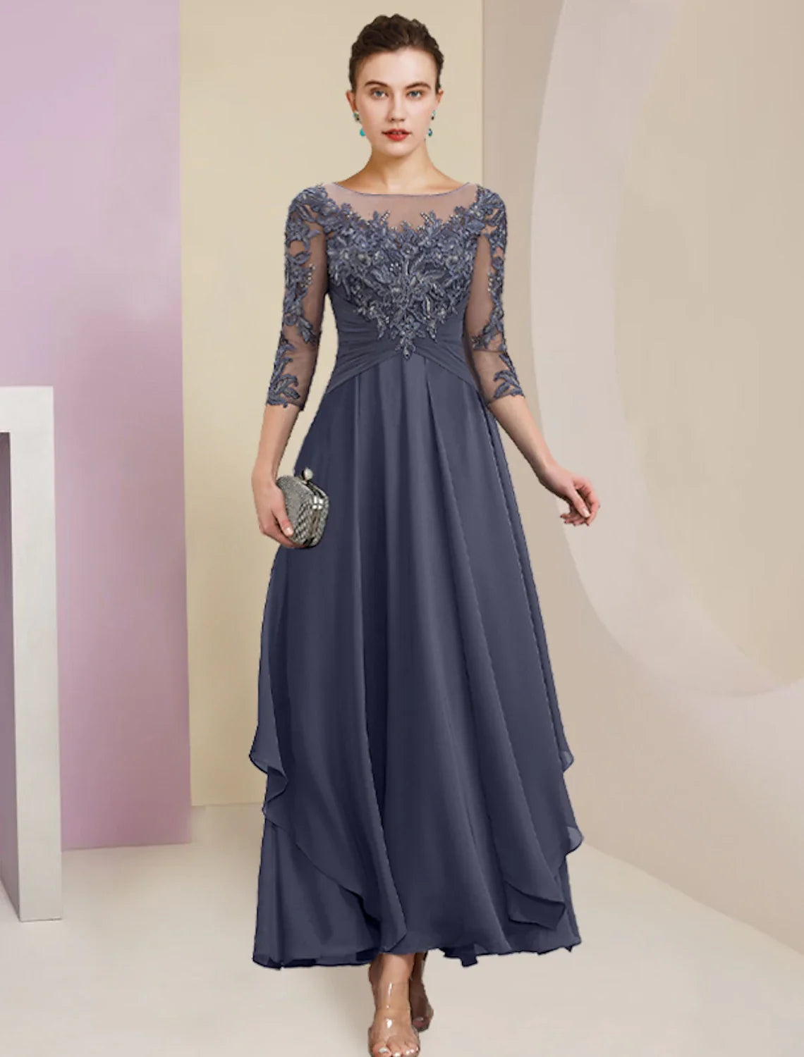 Sheath Chiffon Three-Quarter Sleeve Pleated Ankle-Length Wedding Dress - Chloe Dress