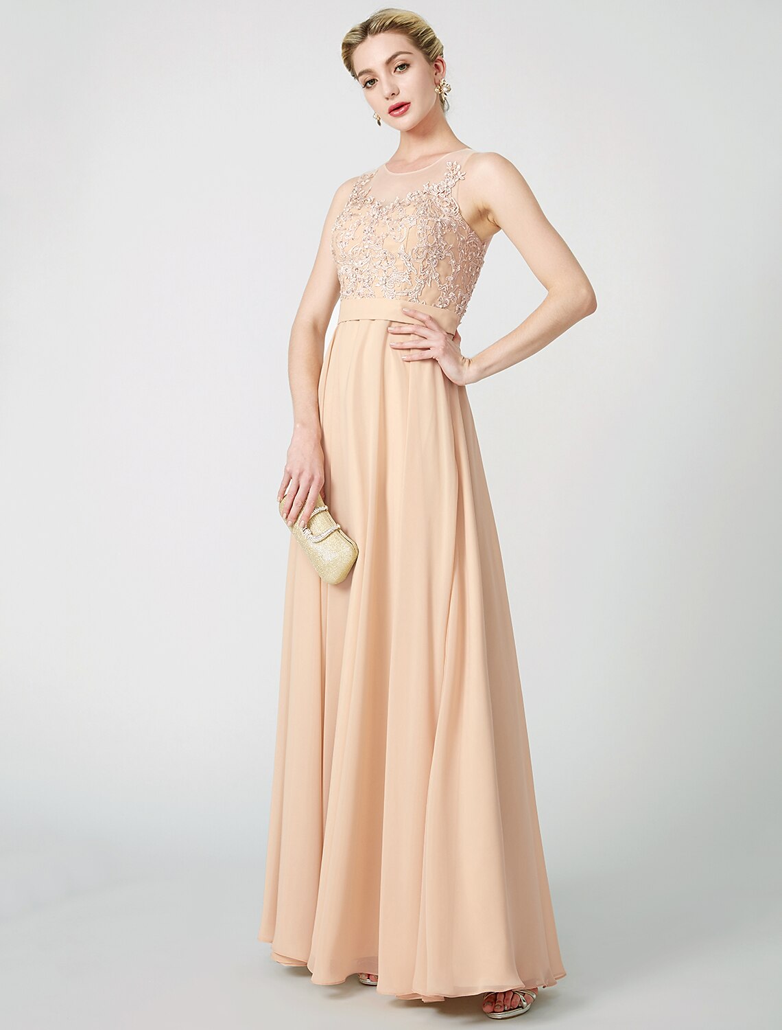 A-Line Illusion Chiffon Sleeveless Pleated Floor-Length Prom Dress - Chloe Dress