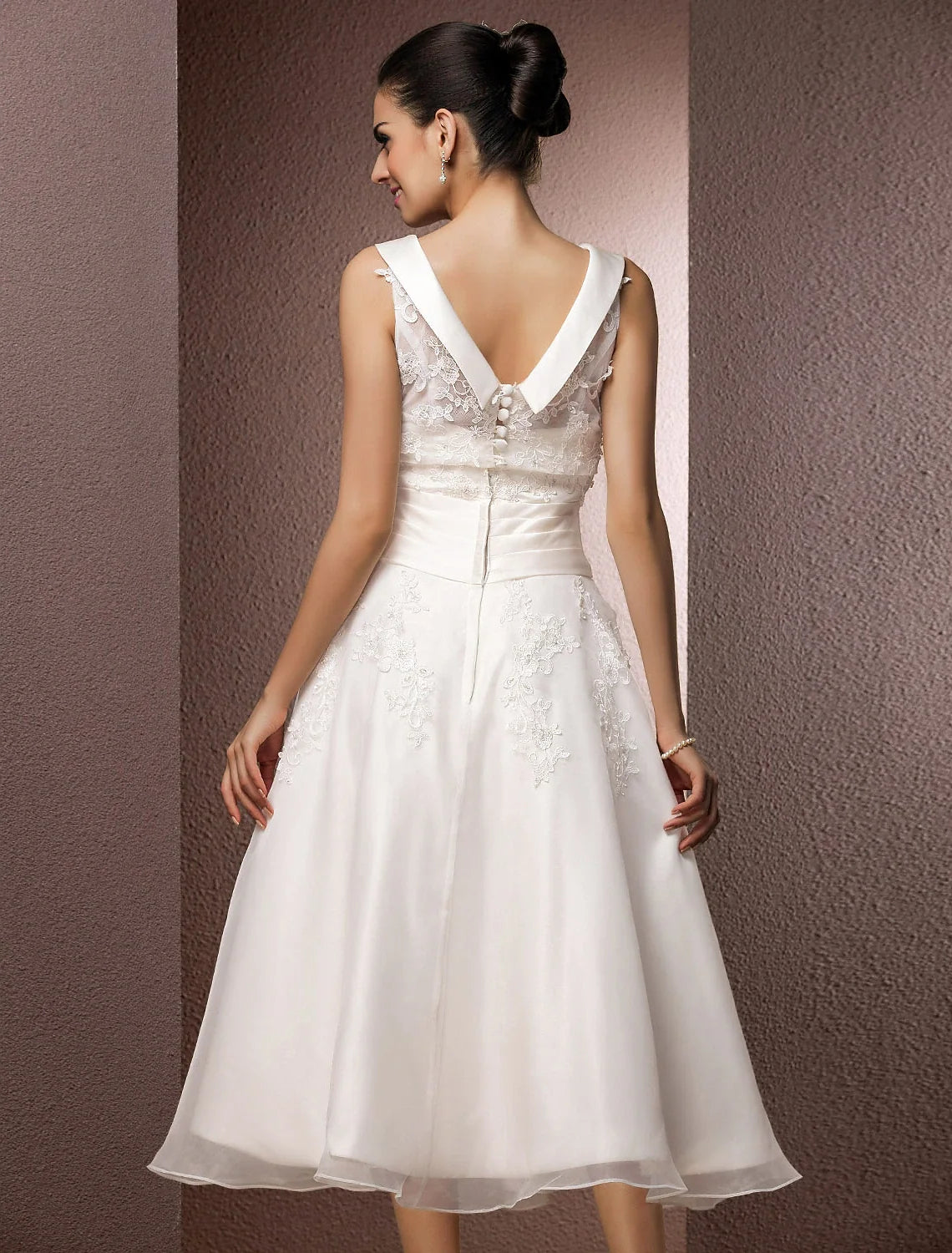 A-Line Illusion Lace Sleeveless Tea-Length Wedding Gown - Chloe Dress