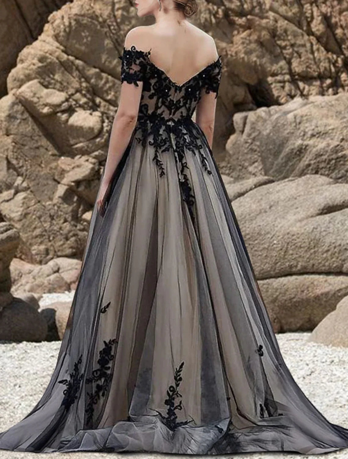 A-Line Off-Shoulder Lace Short Sleeve Train Mini Wedding Gown - Chloe Dress