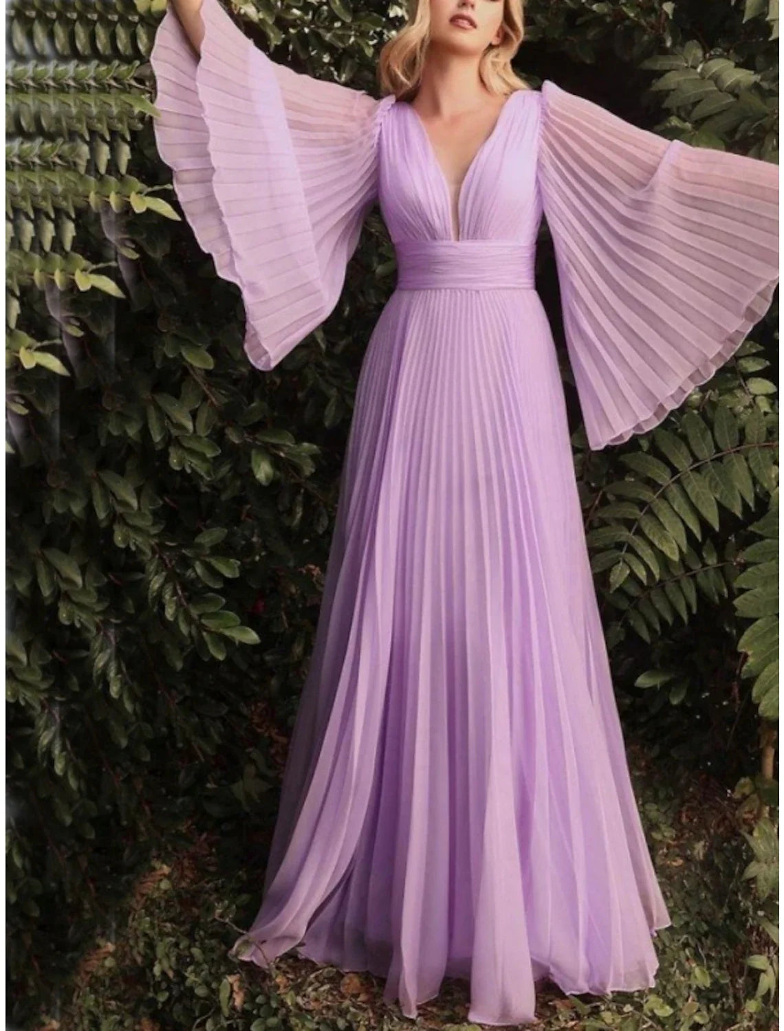 Sheath V-Neck Chiffon Long Sleeve Pleated Floor-Length Wedding Dress - Chloe Dress
