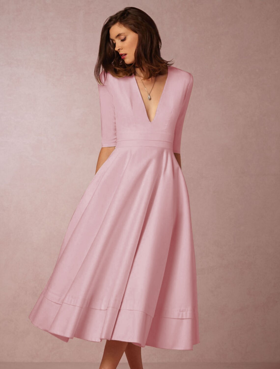 White A-Line V-Neck Jersey Pleated Tea-Length Wedding Dress - Chloe Dress