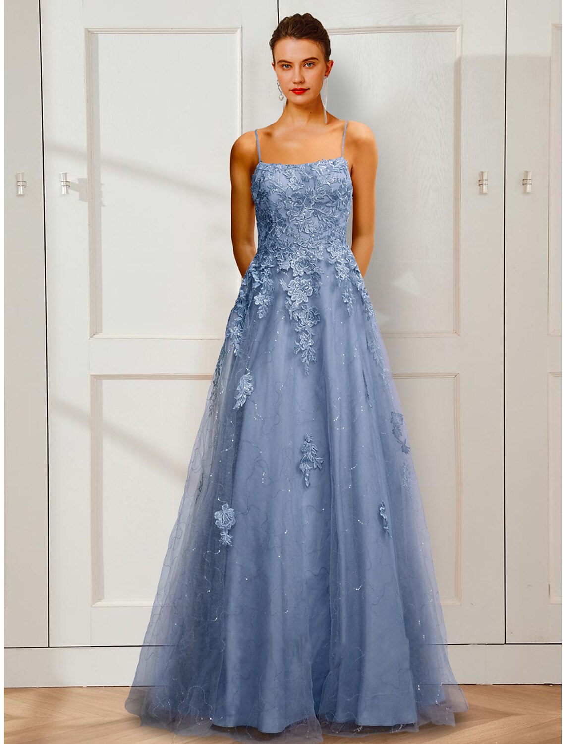 A-Line Spaghetti Strap Satin Sleeveless Applique Floor-Length Prom Dress - Chloe Dress