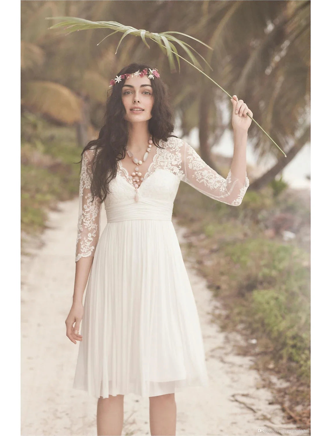 White A-Line V-Neck Chiffon Three-Quarter Sleeve Open Back Knee-Length Wedding Gown - Chloe Dress