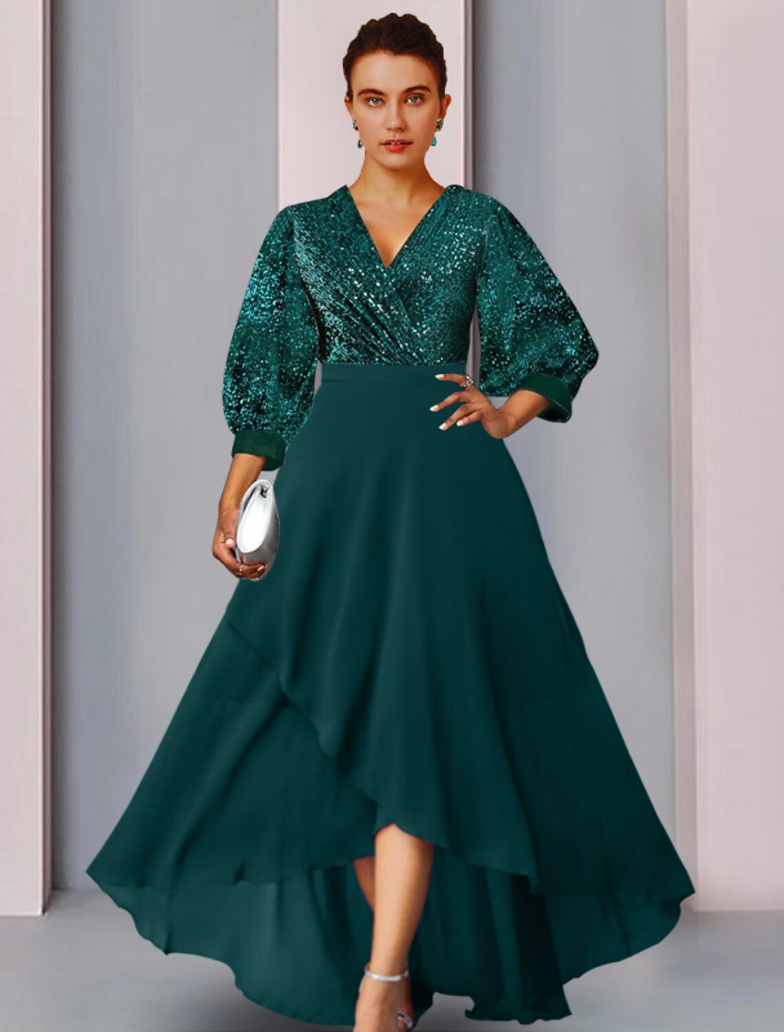 Sheath V-Neck Chiffon Long Sleeve Pleated Wedding Dress - Chloe Dress
