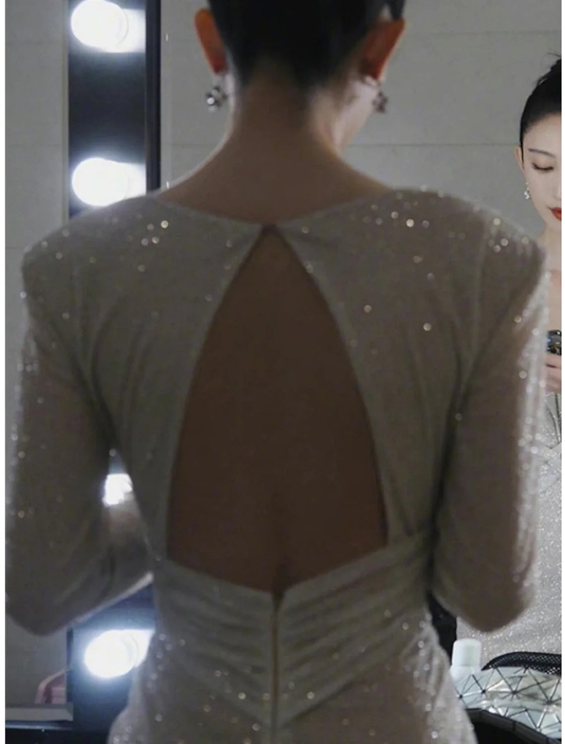 Black Sheath V-Neck Sequin Long Sleeve Backless High Slit Floor-Length Prom Dress - Chloe Dress