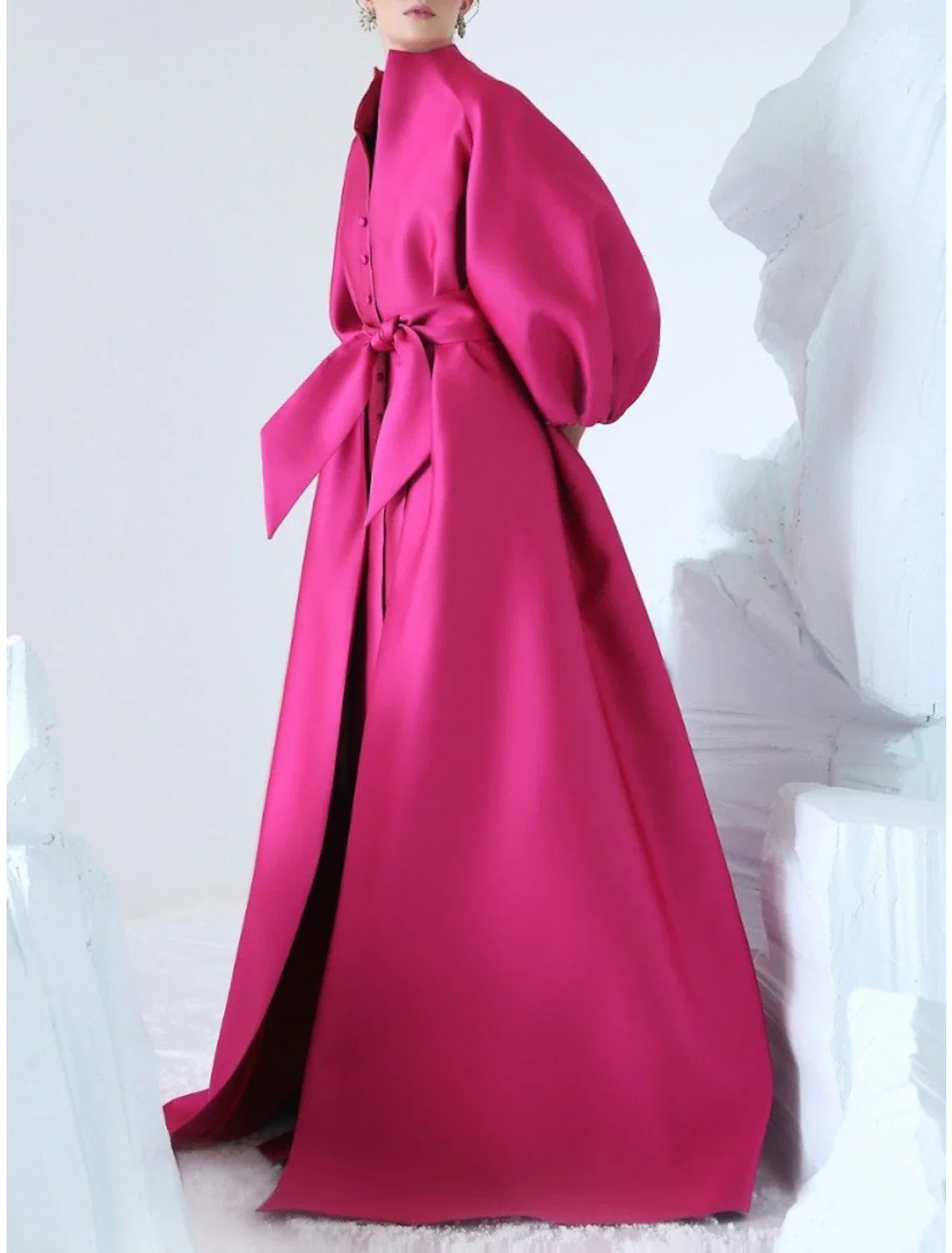 A-Line V-Neck Satin Long Sleeve High Slit Evening Gown - Chloe Dress