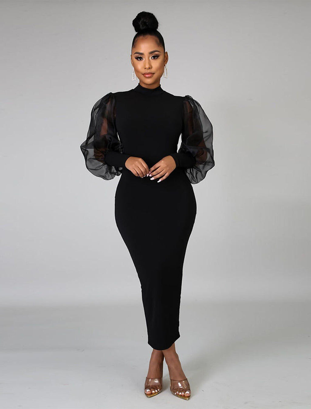 Black Sheath High Neck Long Sleeve Tea-Length Wedding Dress - Chloe Dress