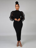 Black Sheath High Neck Long Sleeve Tea-Length Wedding Dress - Chloe Dress