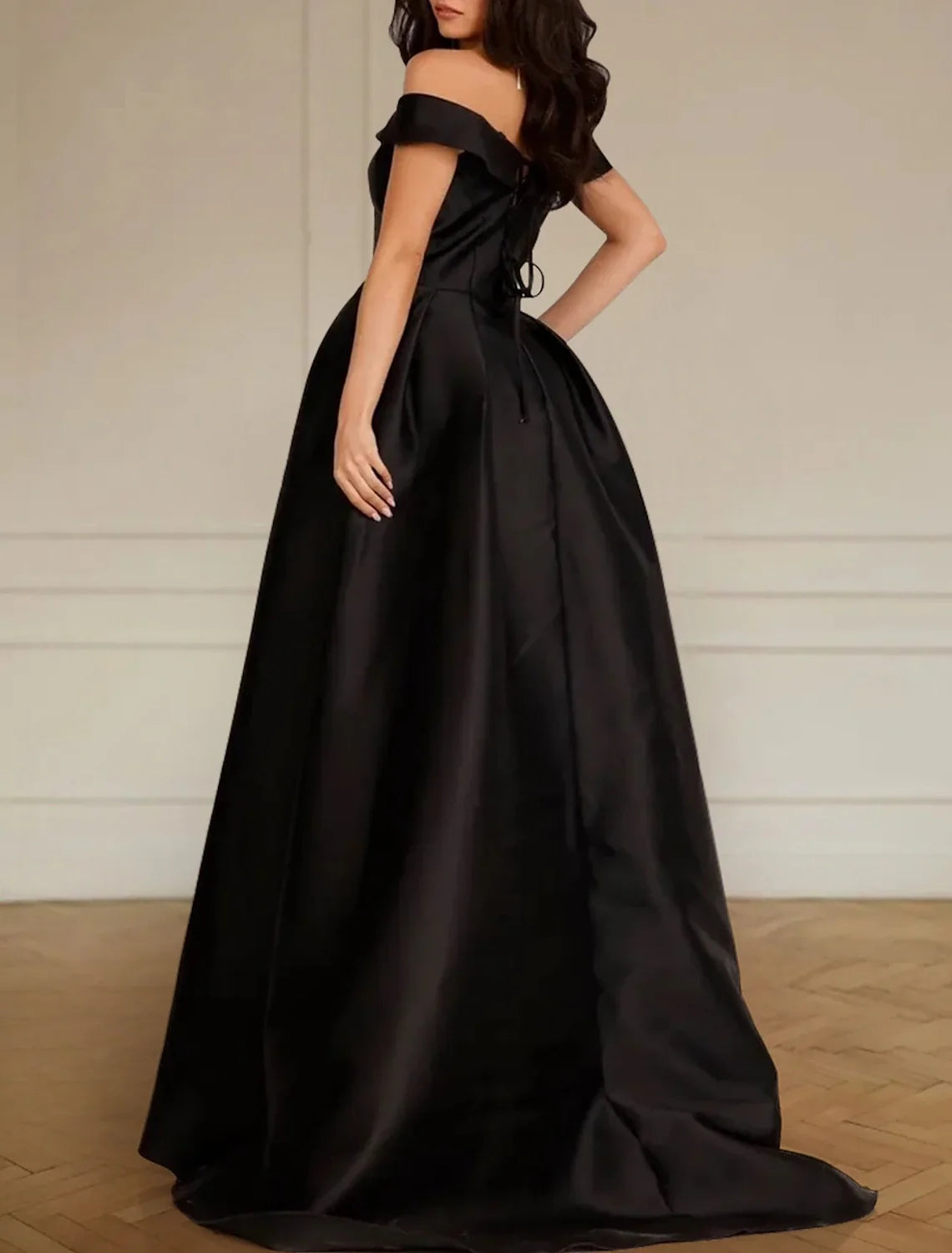 Black A-Line Off-Shoulder Satin Sleeveless Pleated Wedding Gown - Chloe Dress