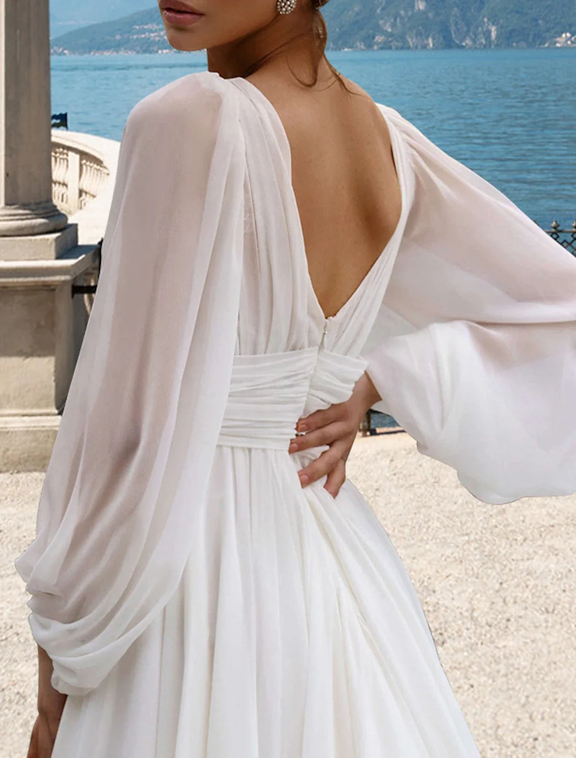 A-Line V-Neck Chiffon Long Sleeve Pleated Wedding Gown - Chloe Dress