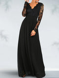 Black A-Line V-Neck Chiffon Long Sleeve Open Back Pleated Floor-Length Evening Dress - Chloe Dress