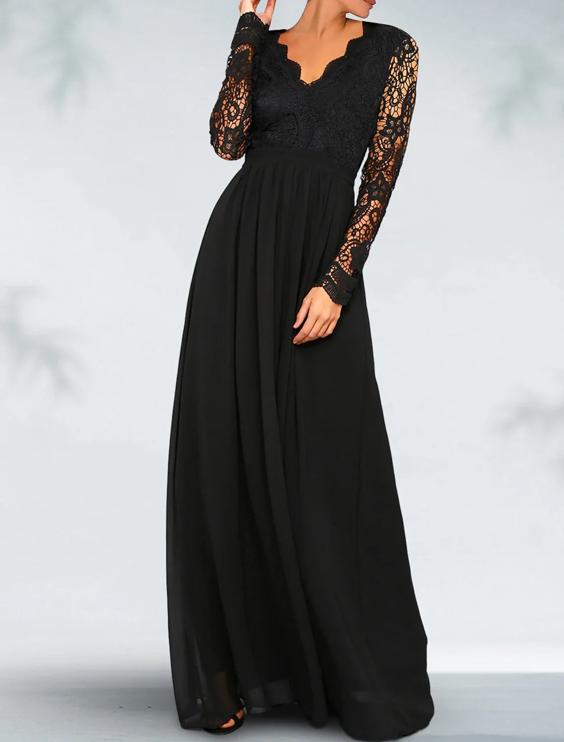 Black A-Line V-Neck Chiffon Long Sleeve Open Back Pleated Floor-Length Evening Dress - Chloe Dress