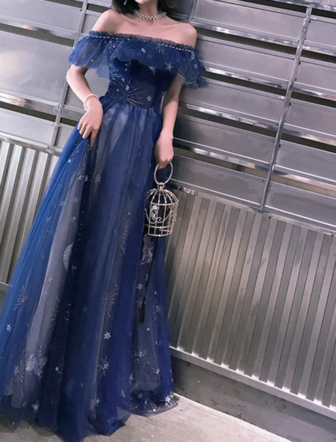 A-Line Off-Shoulder Tulle Short Sleeve Tiered Floor-Length Prom Dress - Chloe Dress