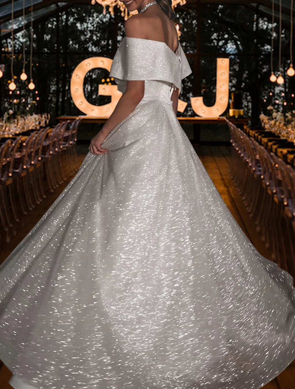 A-Line Off-Shoulder Sequin Cap Sleeve Train Wedding Gown - Chloe Dress