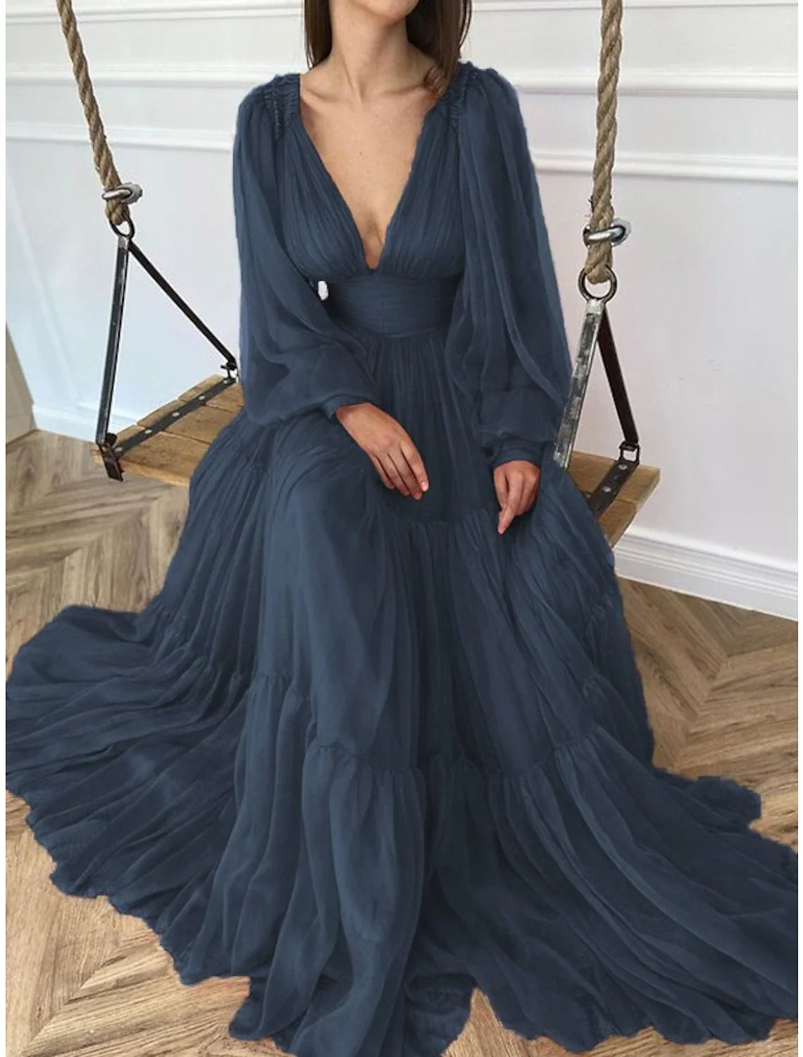 Green A-Line V-Neck Chiffon Long Sleeve Floor-Length Evening Gown - Chloe Dress