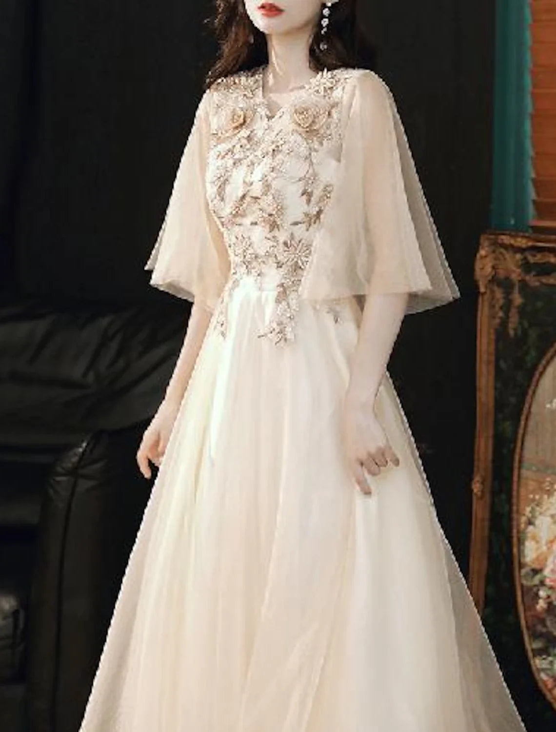 A-Line V-Neck Tulle Applique Floor-Length Prom Dress - Chloe Dress