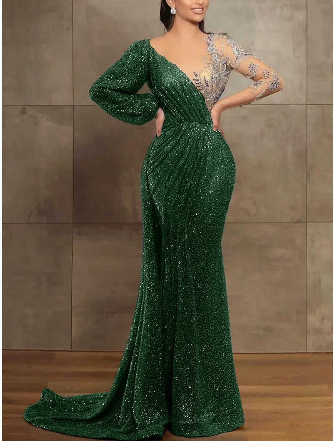 Champagne Mermaid Illusion Sequin Long Sleeve Pleated Evening Gown - Chloe Dress
