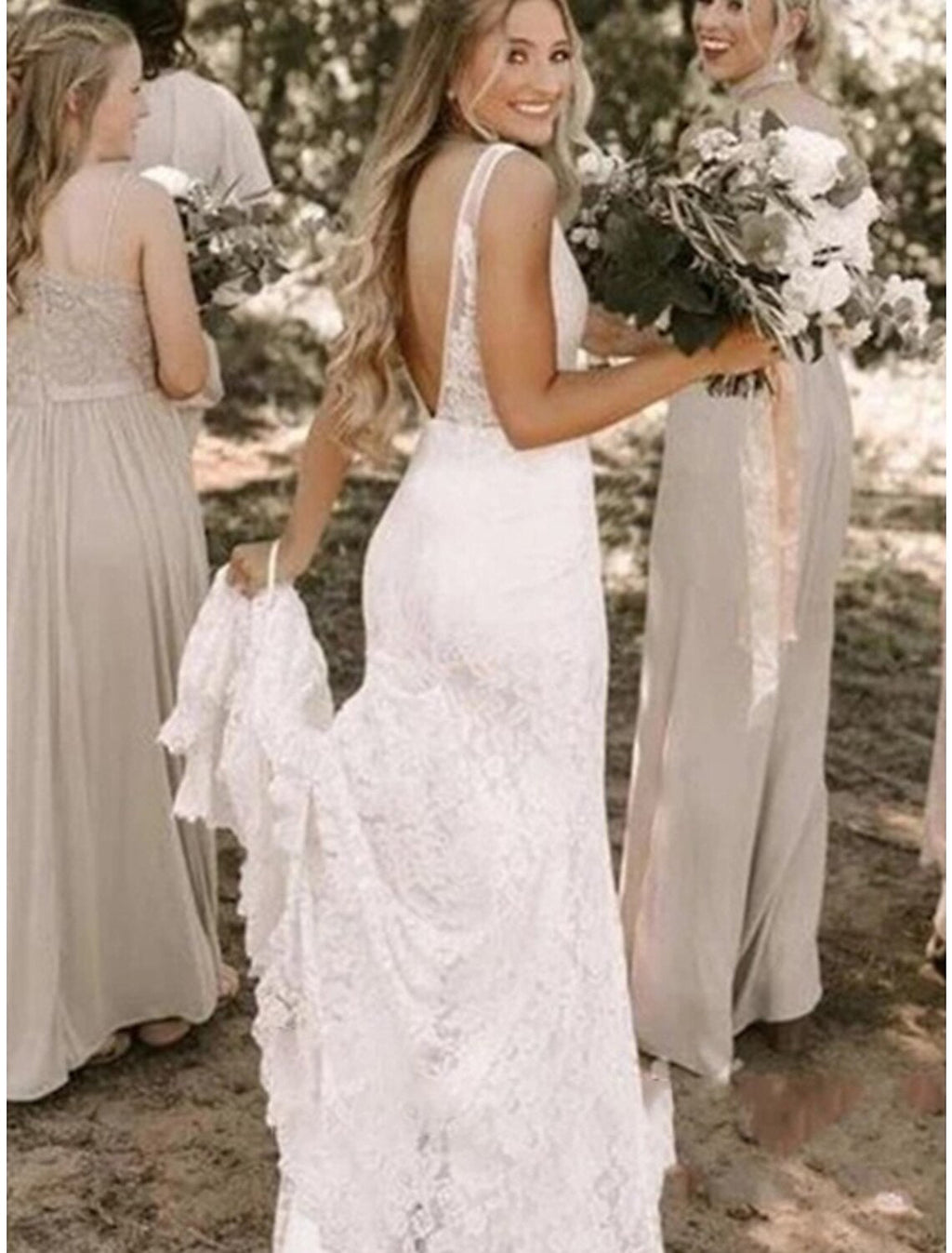 Mermaid V-Neck Lace Sleeveless Train Wedding Gown - Chloe Dress