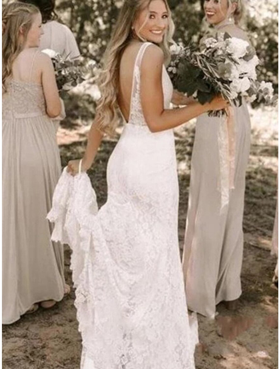 Mermaid V-Neck Lace Sleeveless Train Wedding Gown - Chloe Dress