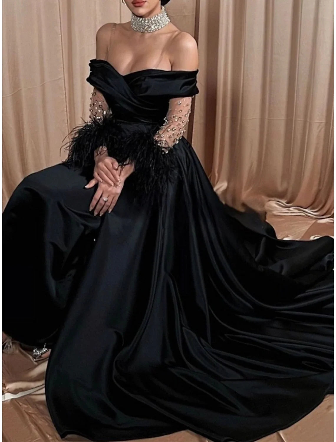 Black A-Line Off-Shoulder Satin Long Sleeve Pleated Evening Gown - Chloe Dress