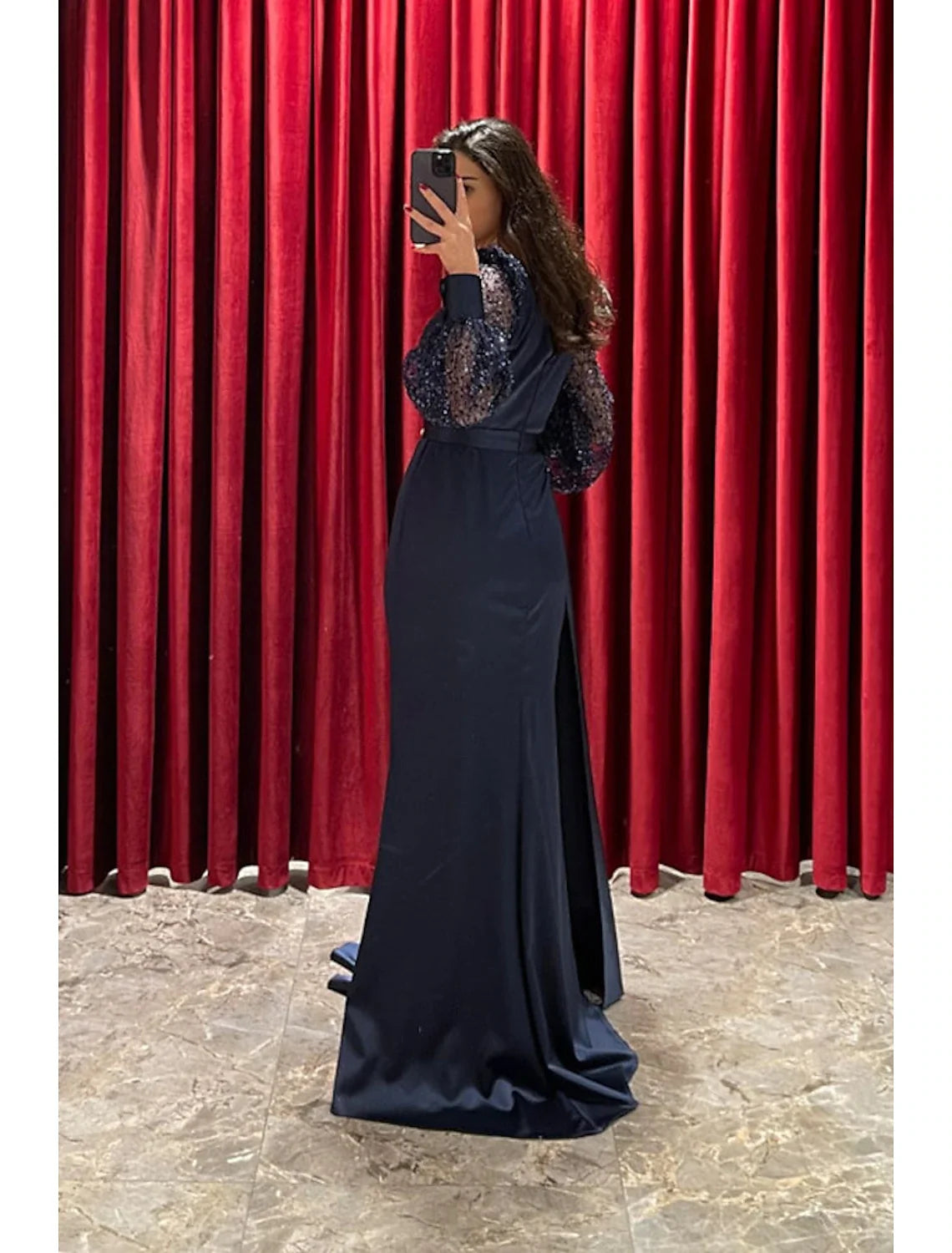 A-Line V-Neck Sequin Long Sleeve Pleated Evening Gown - Chloe Dress