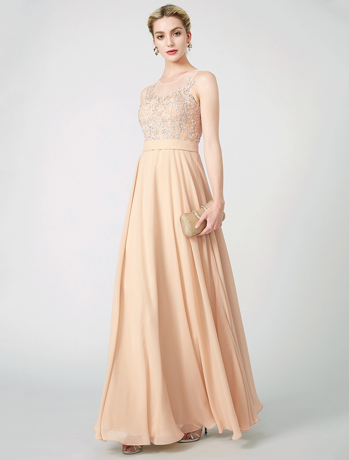 A-Line Illusion Chiffon Sleeveless Pleated Floor-Length Prom Dress - Chloe Dress
