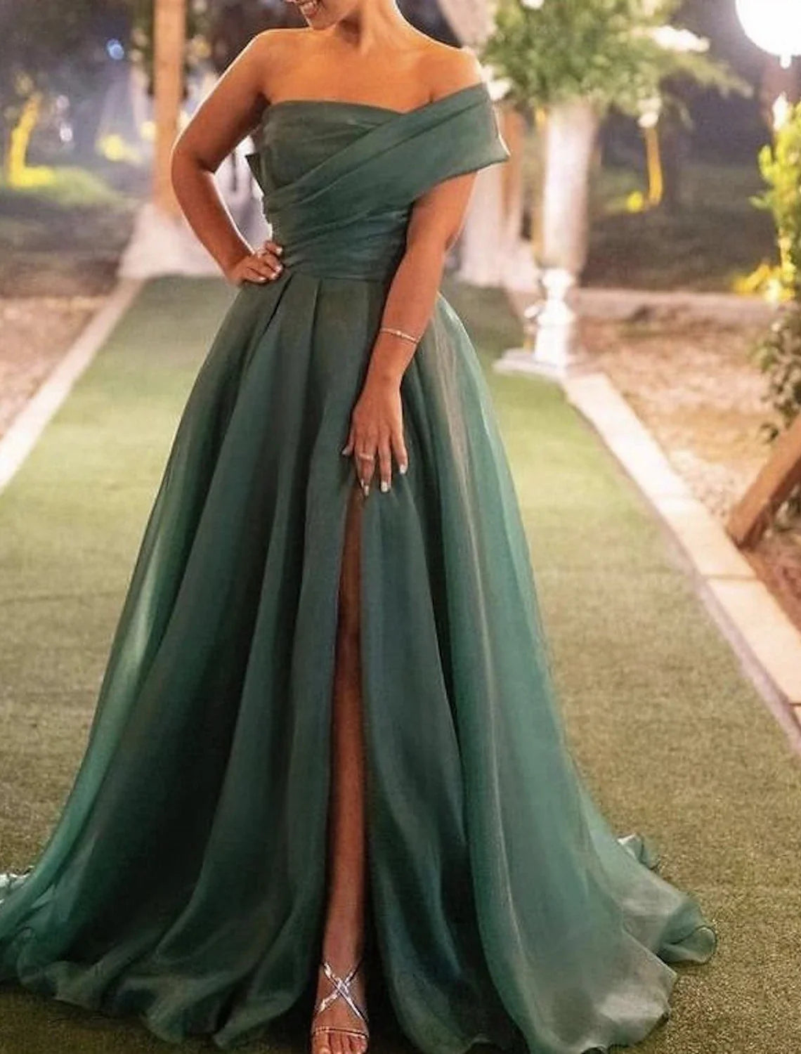 Green A-Line One-Shoulder Organza Short Sleeve High Slit Mini Evening Gown - Chloe Dress