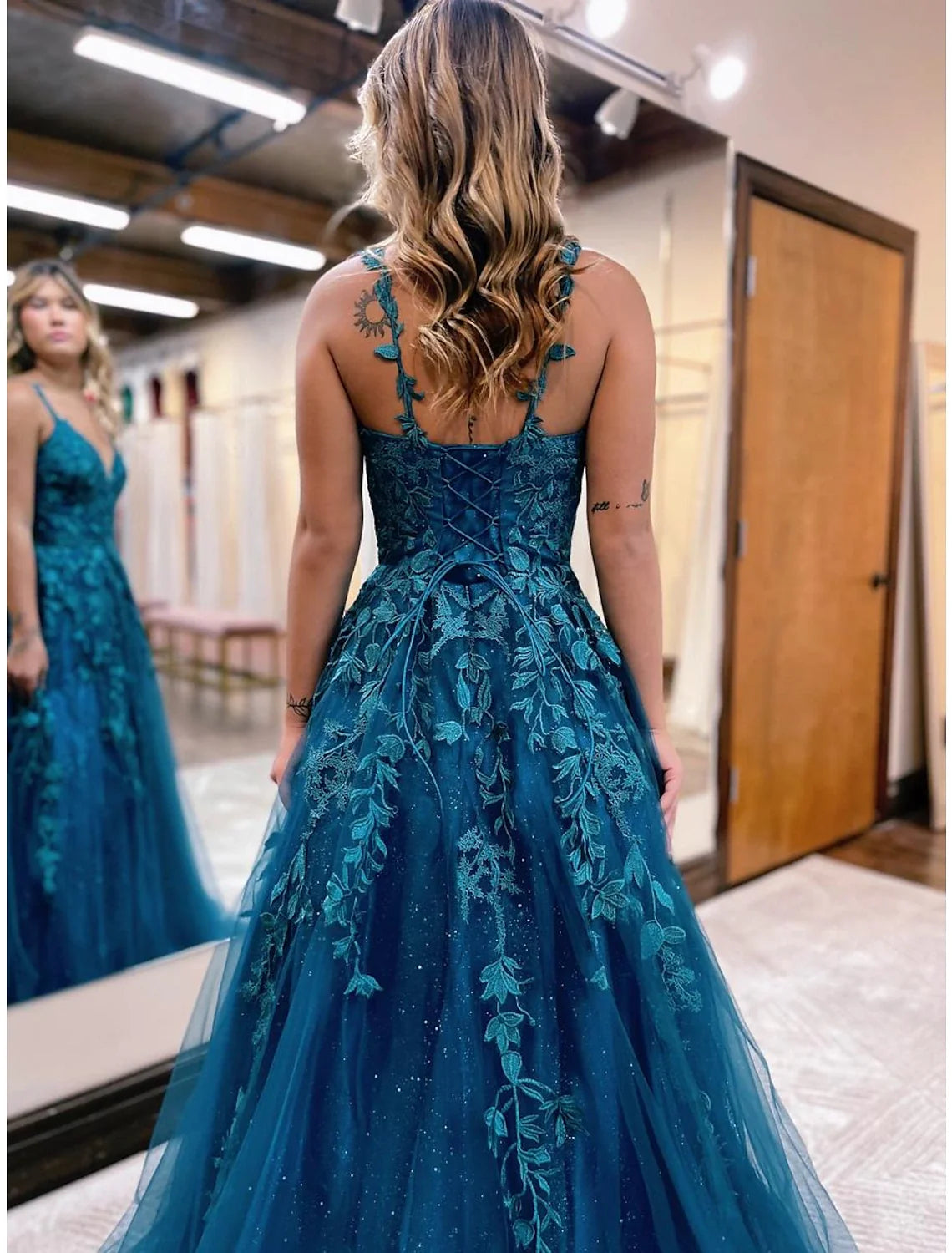 A-Line V-Neck Tulle Sleeveless Backless Applique Floor-Length Prom Gown - Chloe Dress