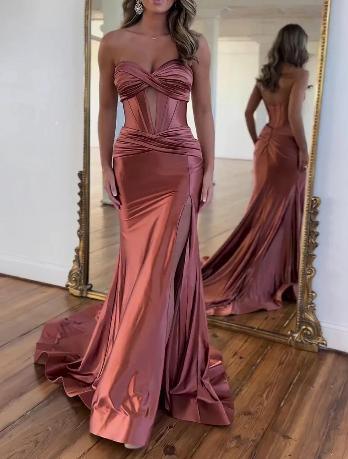 A-Line Strapless Satin Sleeveless High Slit Floor-Length Prom Dress - Chloe Dress