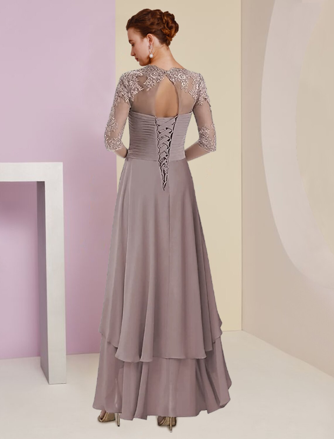 A-Line Square Neck Chiffon Three-Quarter Sleeve Wrap Tea-Length Wedding Dress - Chloe Dress