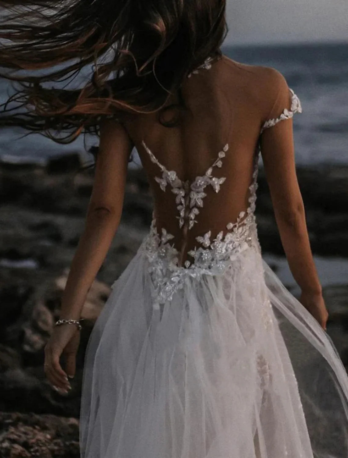 A-Line Off-Shoulder Lace Cap Sleeve Open Back Train Wedding Gown - Chloe Dress