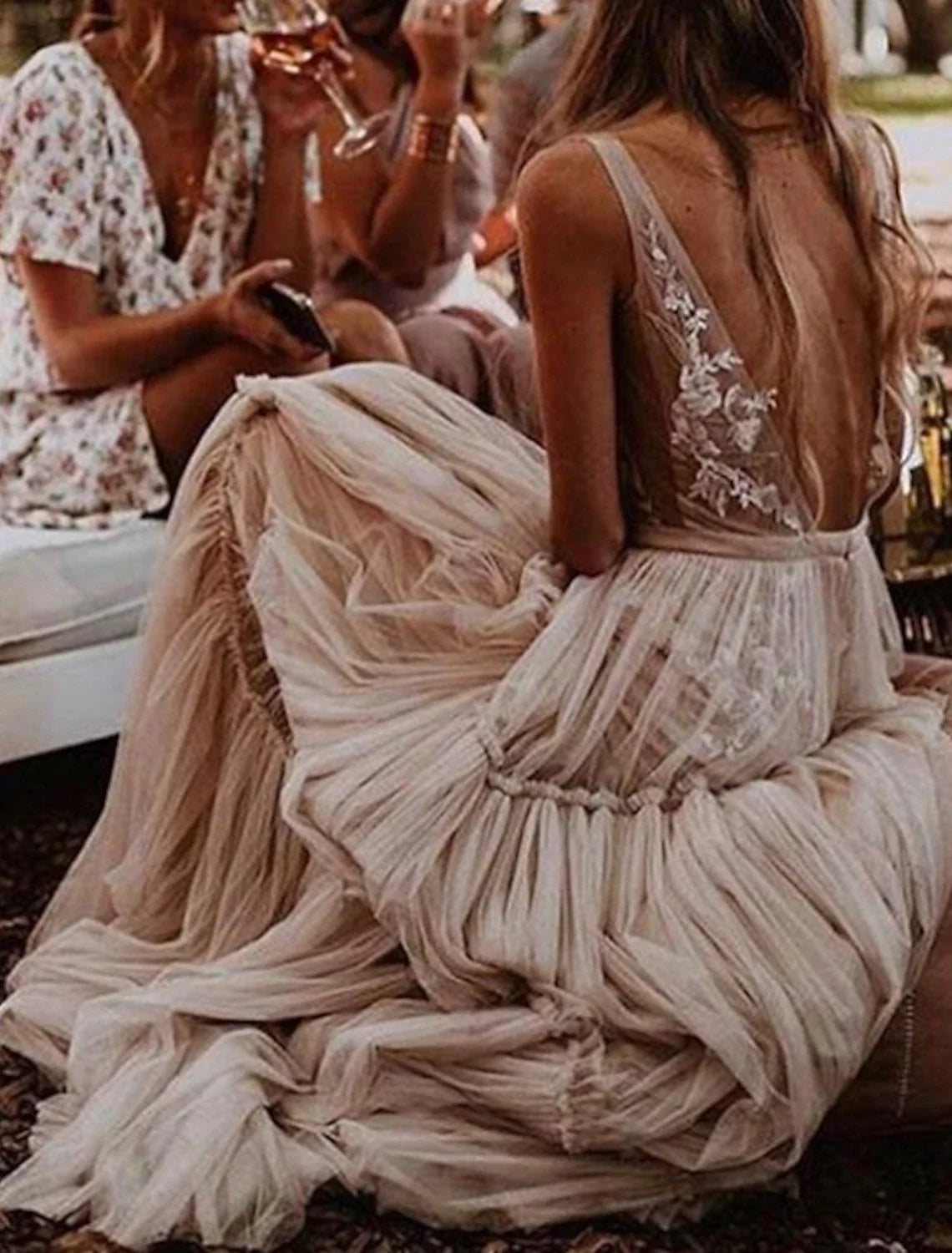 A-Line V-Neck Tulle Sleeveless Applique Floor-Length Wedding Gown - Chloe Dress