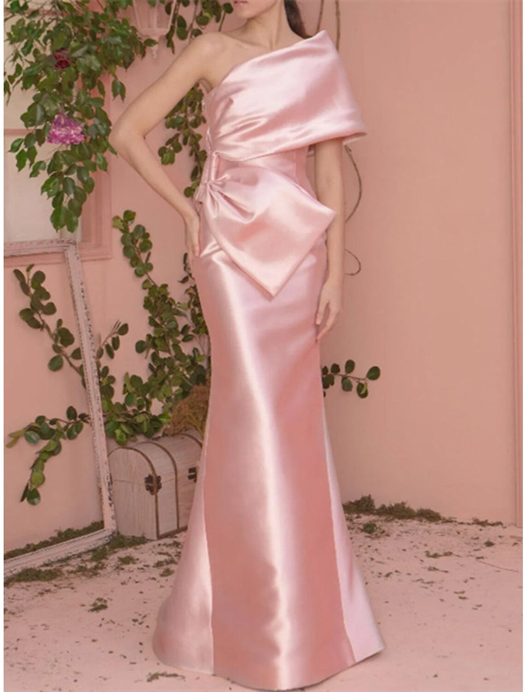 Mermaid One-Shoulder Satin Short Sleeve Floor-Length Evening Dress - Chloe Dress