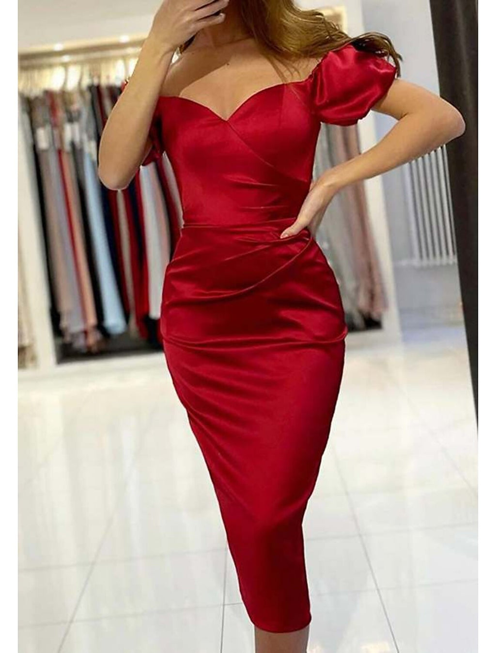 Sheath Off-Shoulder Short Sleeve Mini Wedding Dress - Chloe Dress