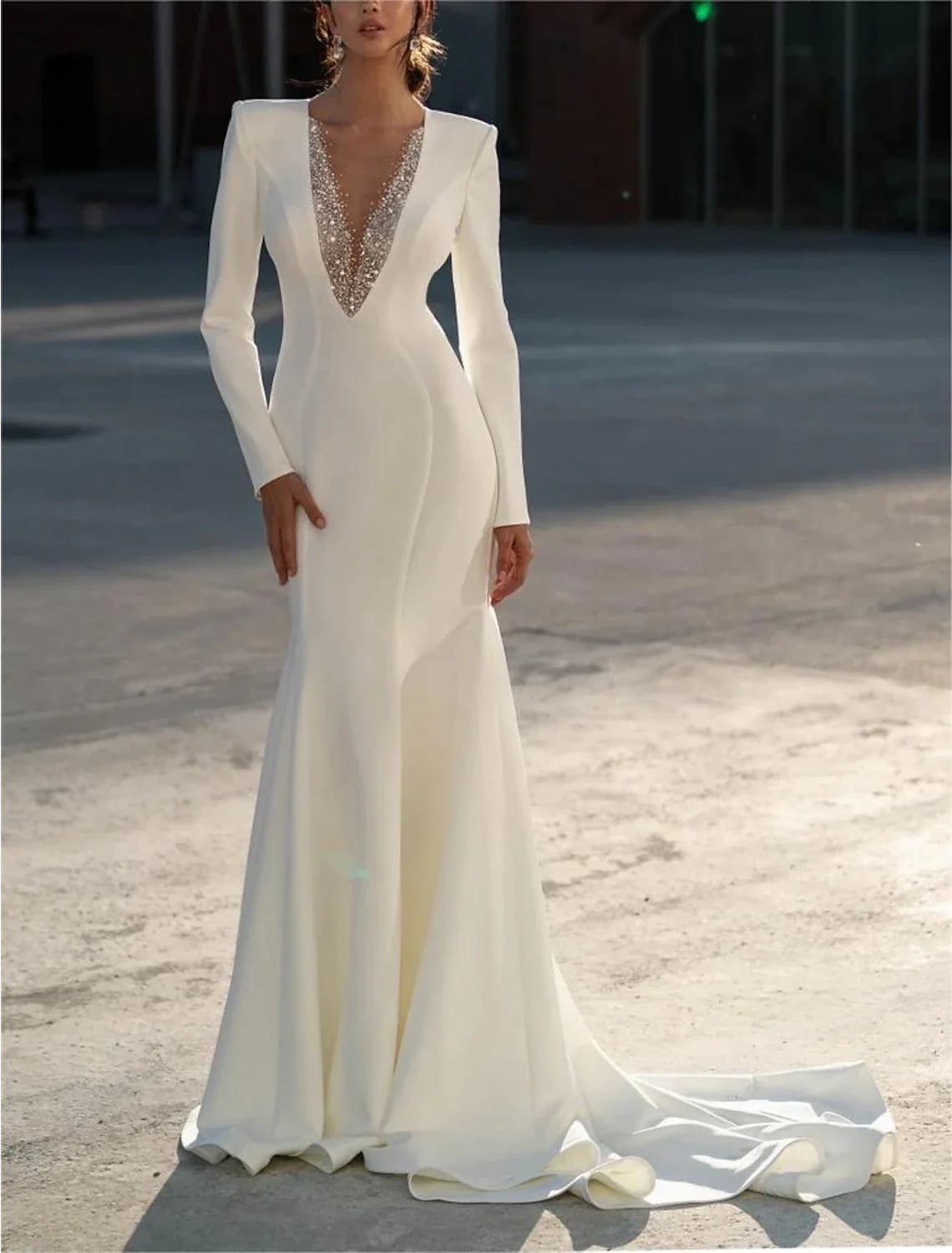 Mermaid V-Neck Chiffon Long Sleeve Train Wedding Gown - Chloe Dress