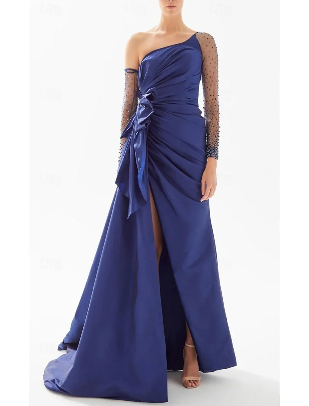 Black A-Line One-Shoulder Satin Long Sleeve Floor-Length Evening Gown - Chloe Dress