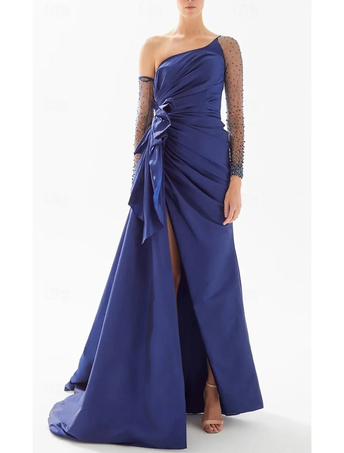 Black A-Line One-Shoulder Satin Long Sleeve Floor-Length Evening Gown - Chloe Dress