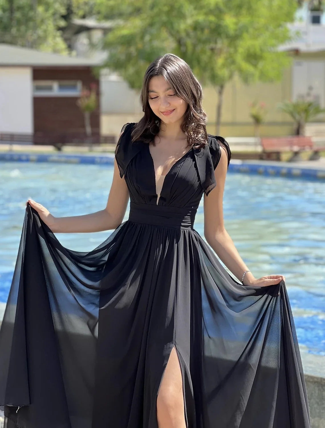 A-Line V-Neck Chiffon Sleeveless Floor-Length Prom Dress - Chloe Dress