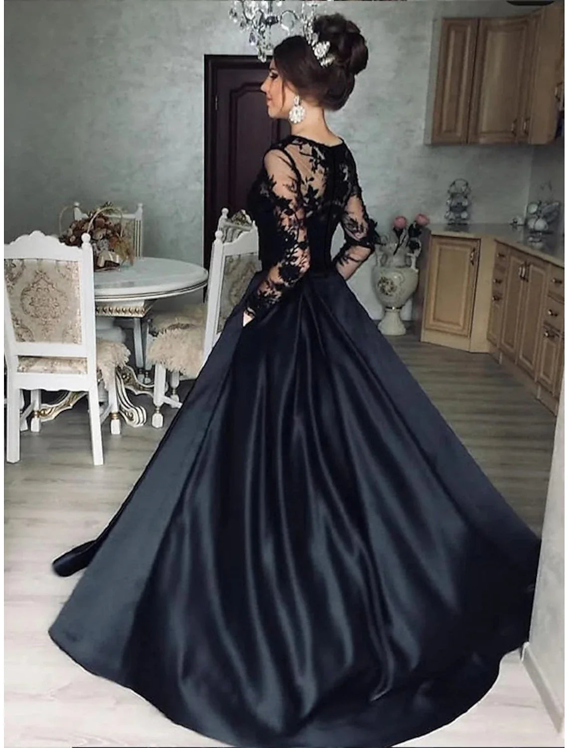 Ball Gown Satin Long Sleeve Applique Floor-Length Evening Gown - Chloe Dress
