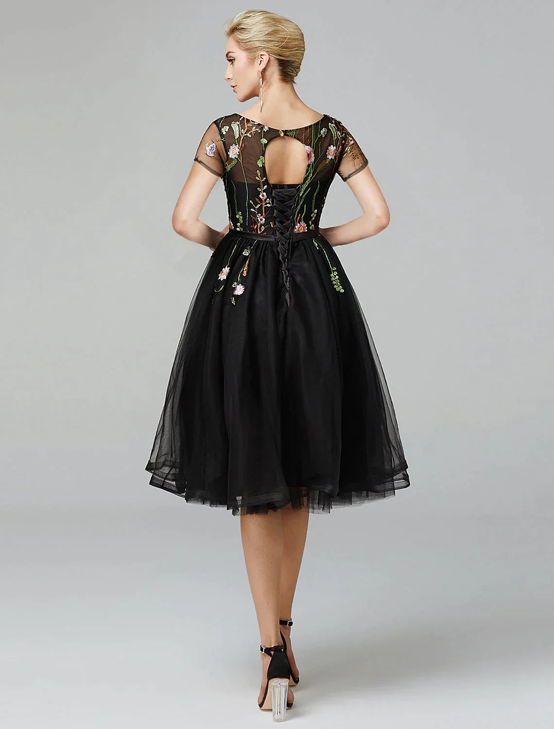 A-Line Illusion Lace Short Sleeve Pleated Mini Evening Dress - Chloe Dress