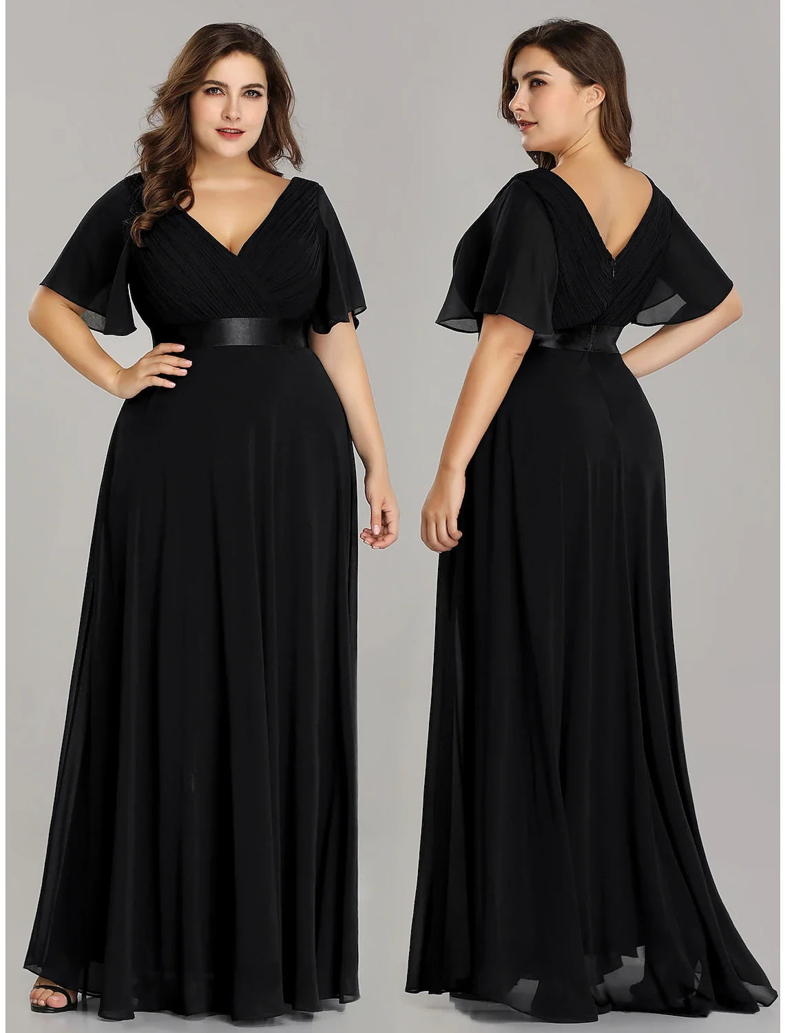 A-Line V-Neck Chiffon Short Sleeve Pleated Floor-Length Evening Dress - Chloe Dress