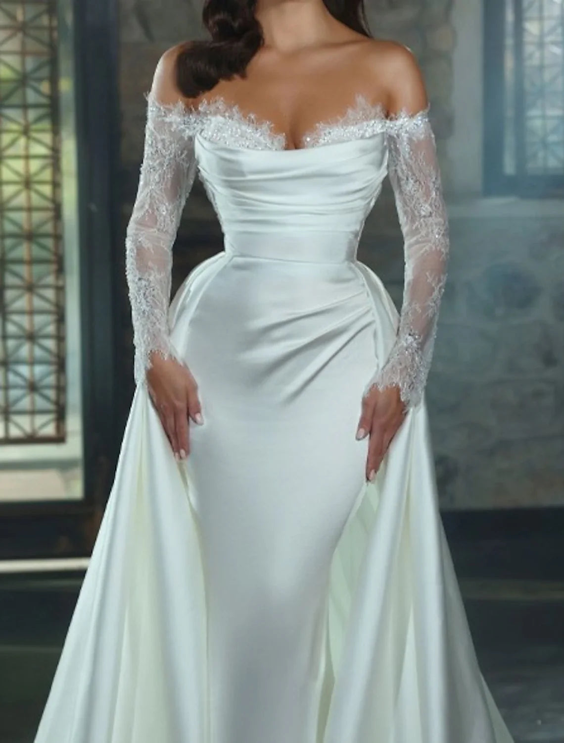 Sheath Off-Shoulder Satin Long Sleeve Train Wedding Gown - Chloe Dress
