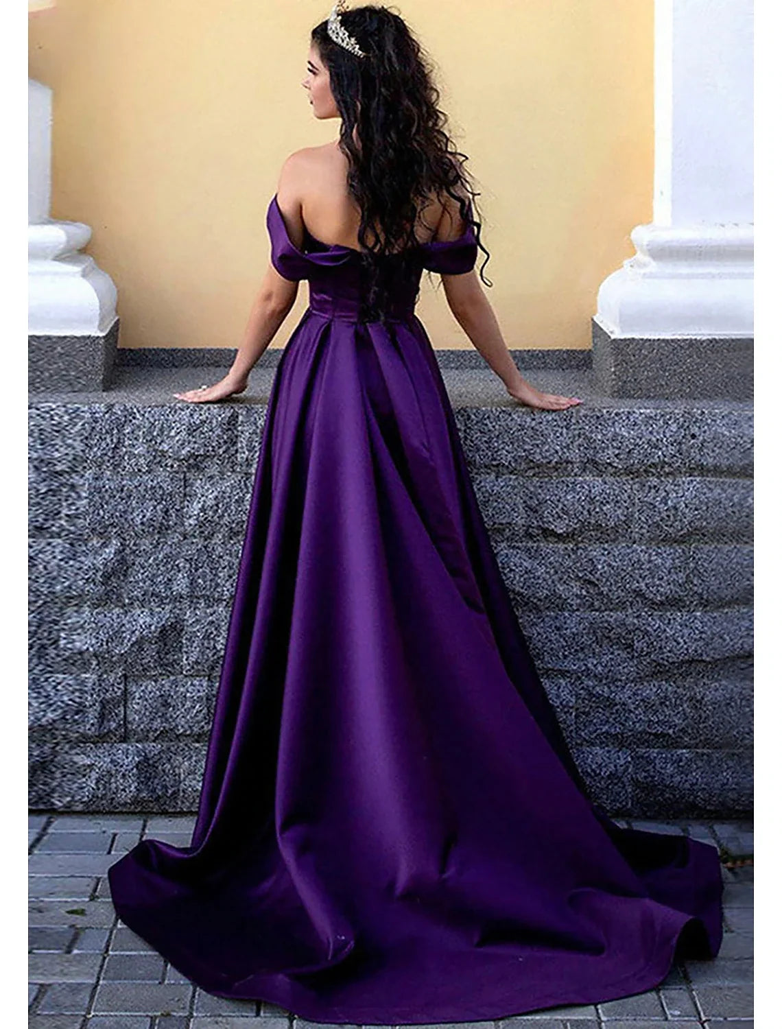 A-Line Off-Shoulder Satin Sleeveless High Slit Prom Dress - Chloe Dress