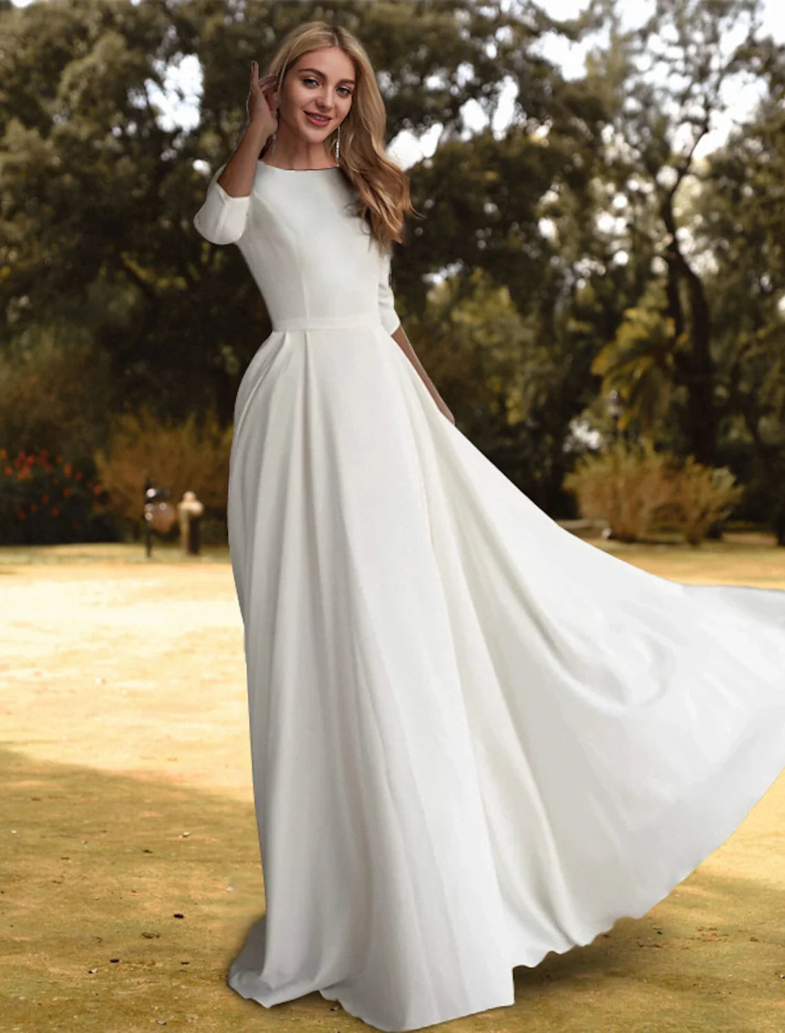 A-Line Three-Quarter Sleeve Pleated Wedding Gown - Chloe Dress