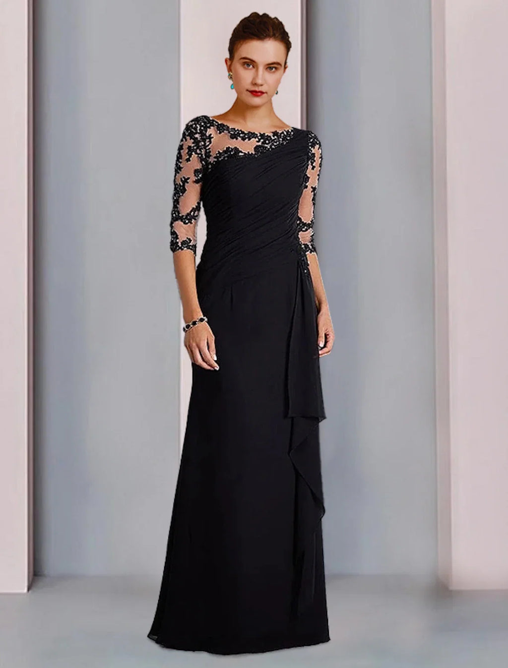 Sheath Chiffon Three-Quarter Sleeve Applique Floor-Length Wedding Dress - Chloe Dress