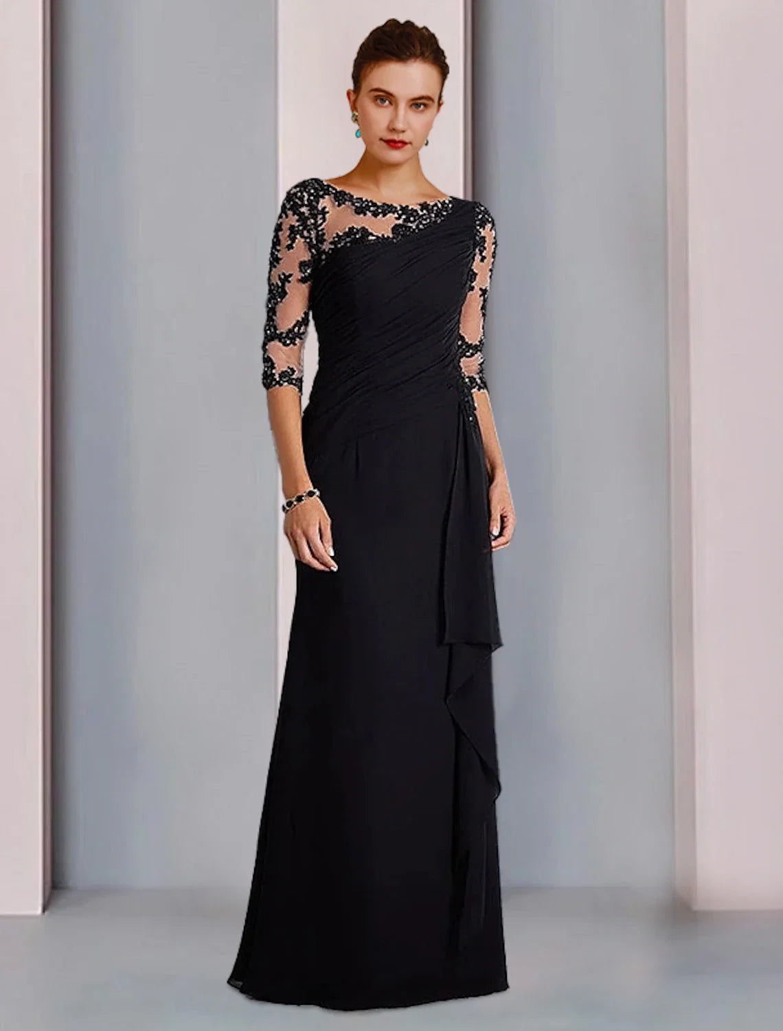 Sheath Chiffon Three-Quarter Sleeve Applique Floor-Length Wedding Dress - Chloe Dress