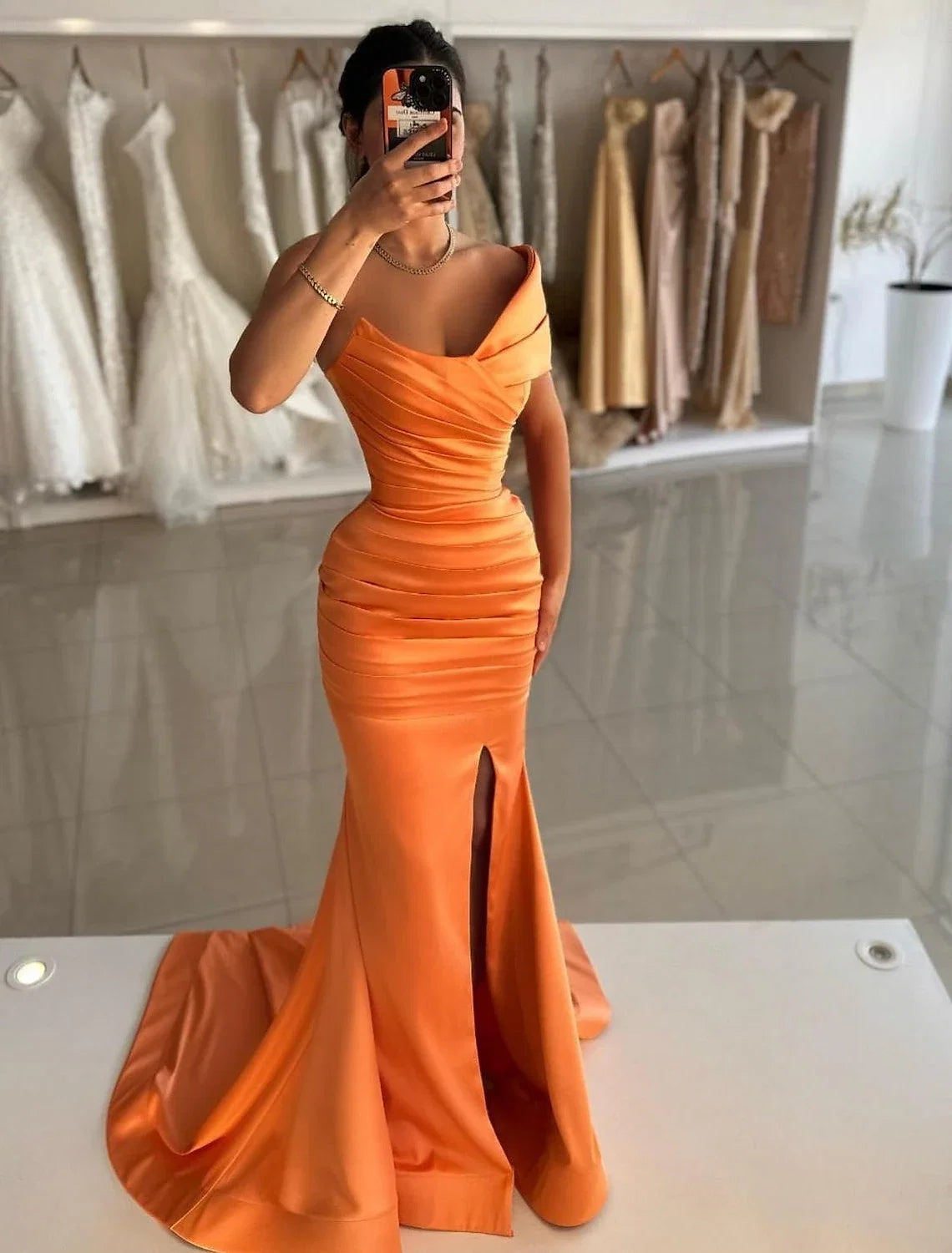 Mermaid Off-Shoulder Satin Sleeveless High Slit Floor-Length Prom Dress - Chloe Dress