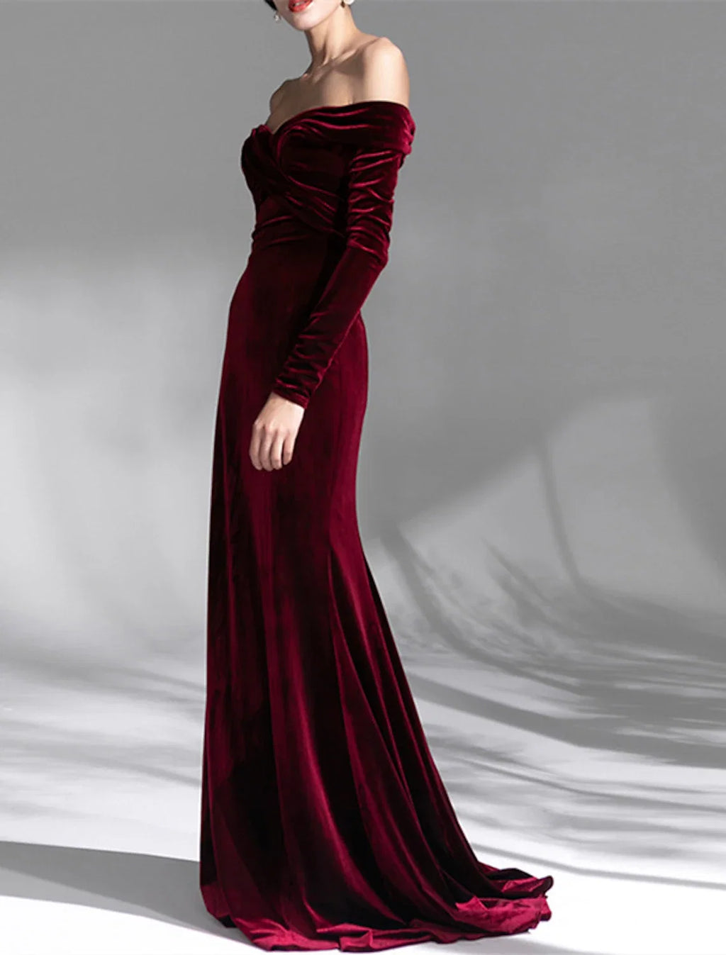 Mermaid Off-Shoulder Velvet Long Sleeve Open Back Train Evening Gown - Chloe Dress