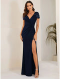 Mermaid V-Neck Short Sleeve High Slit Floor-Length Wedding Dress - Chloe Dress